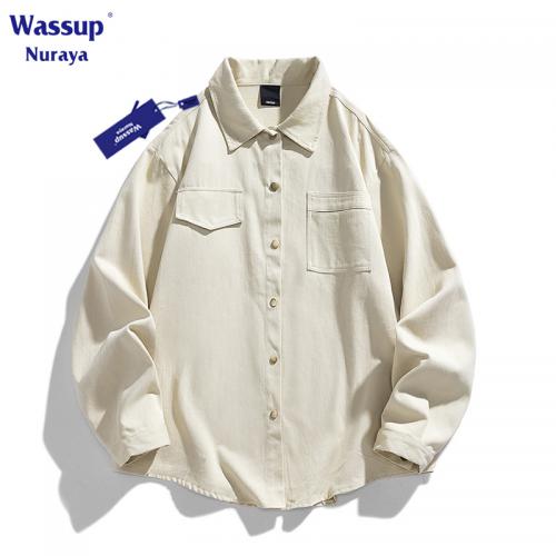 wassup联名森系长袖衬衫男情侣款纯色衬衫外套